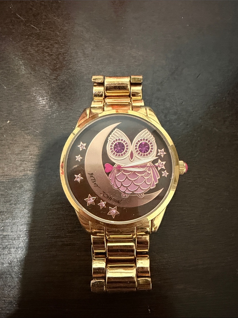 Betsey Johnson Gold Tone Watch with Pink Owl Accents